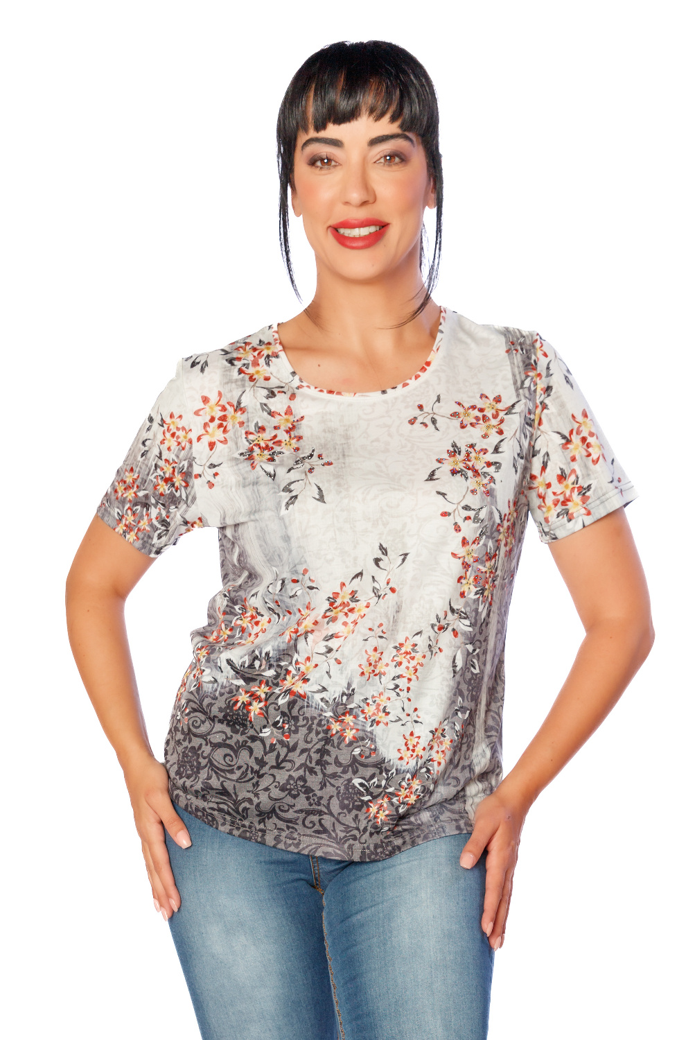 BA0731 - AL 13132 Camiseta gris con hojas terracota