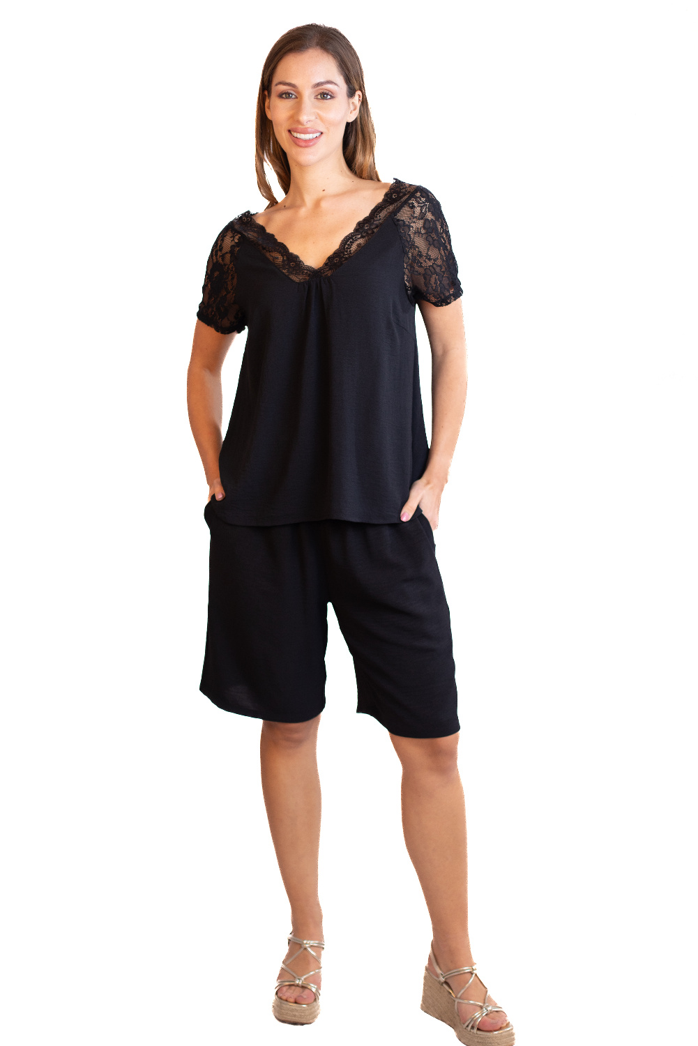 BA0757 - AL 13929 Camiseta lisa con encaje