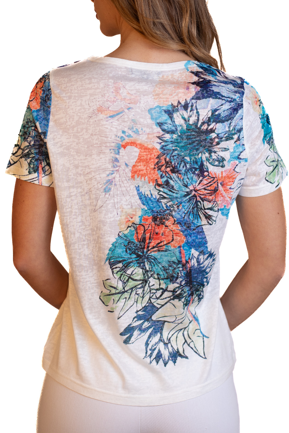 BA0769 - AL 5442 Camiseta floral azul en hombro
