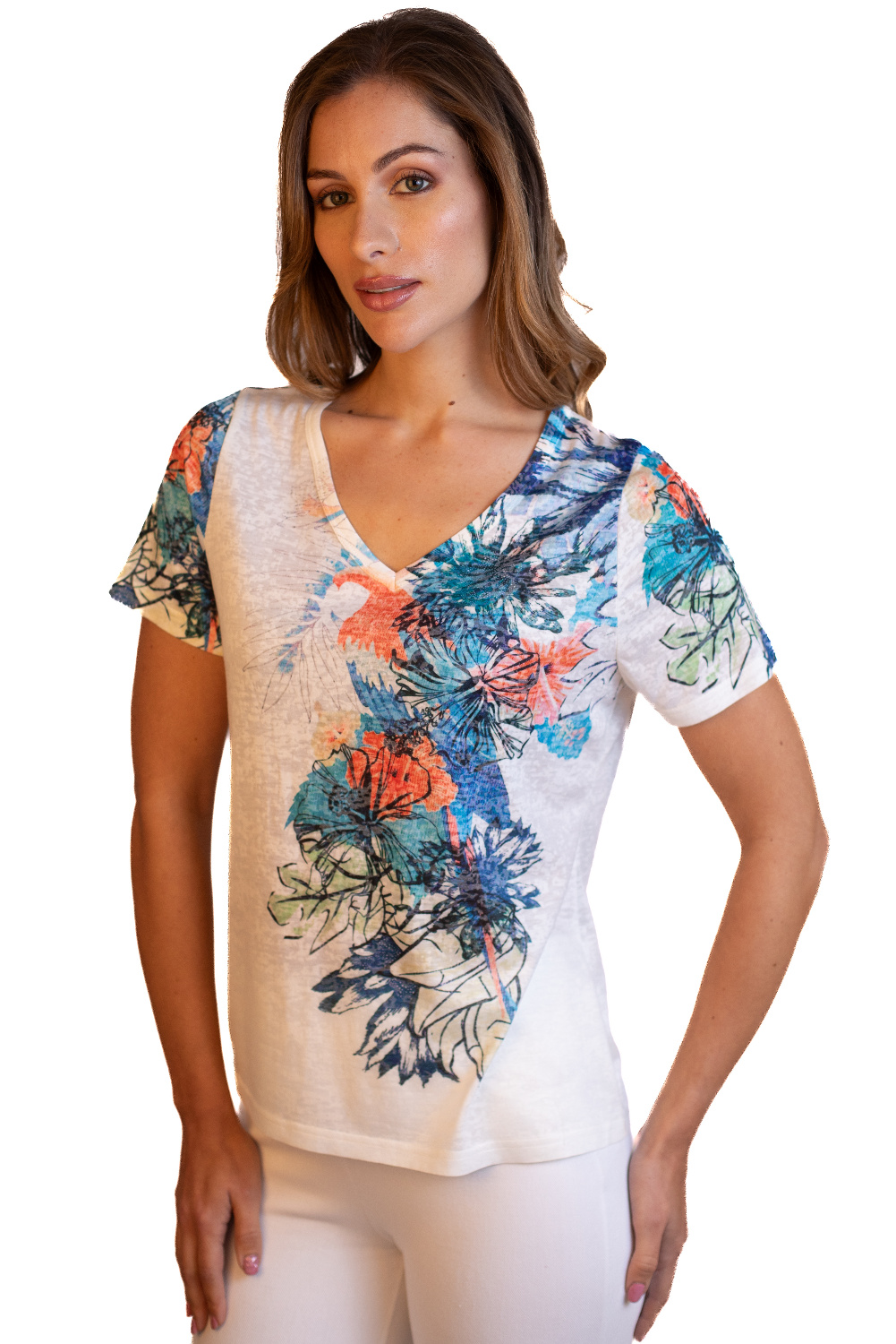 BA0769 - AL 5442 Camiseta floral azul en hombro