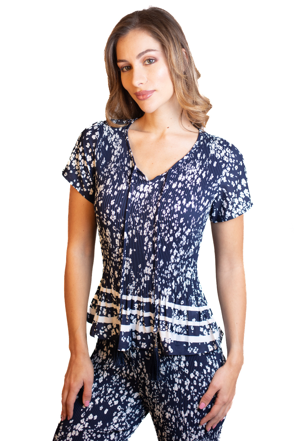 BA0783 - AL 13633 Camiseta fresca azul marina plisada						