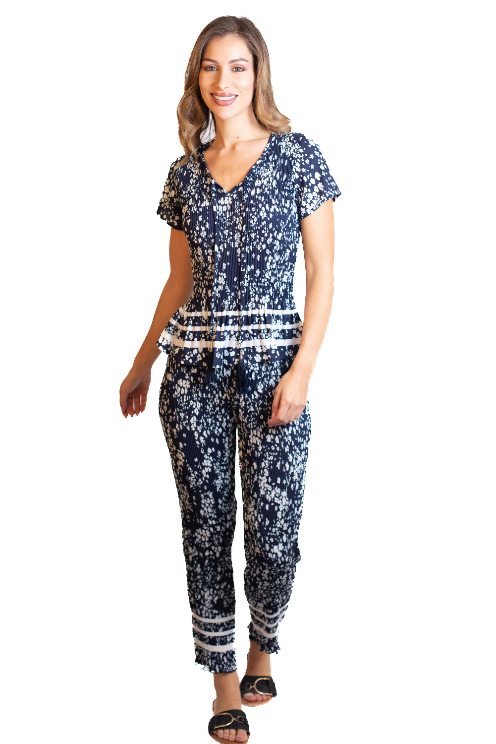 BA0783 - AL 13633 Camiseta fresca azul marina plisada						