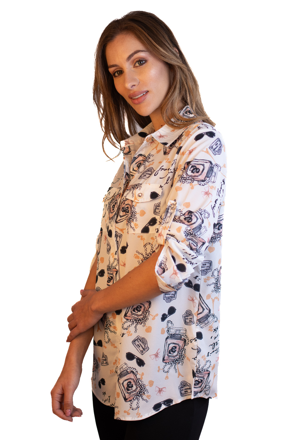 BC0273 - AL 15071 Camiseta con botones perfumes y gafas