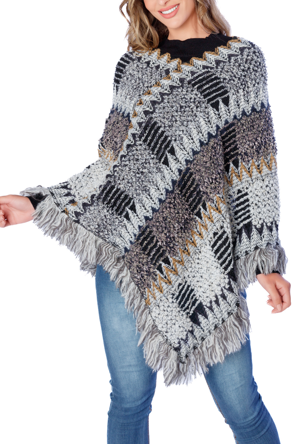 BE0024 - AL 13186 Poncho tricot con pelo en cuello