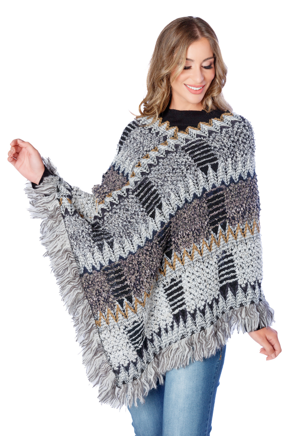 BE0024 - AL 13186 Poncho tricot con pelo en cuello