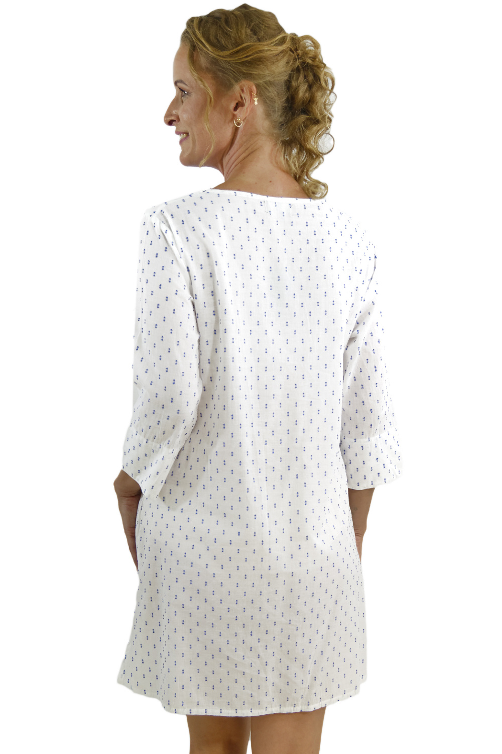 GB0014 - AL 5339 White and Blue Detailed Neck Cotton Blouse