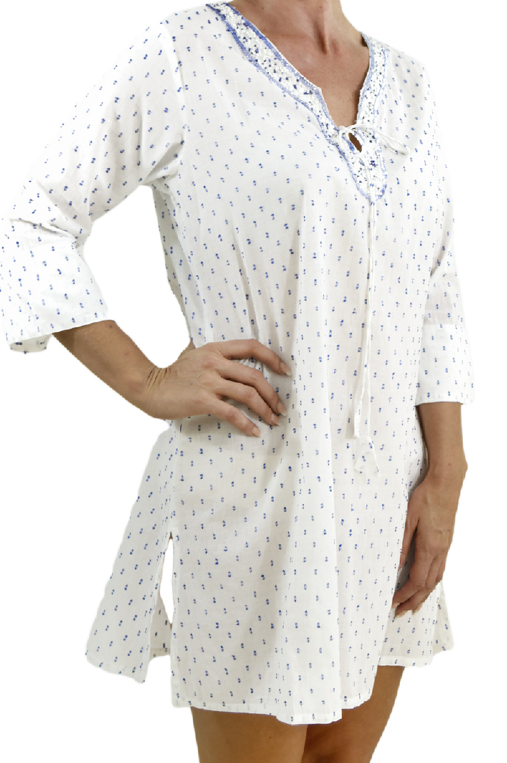 GB0014 - AL 5339 White and Blue Detailed Neck Cotton Blouse